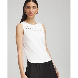 Chico's Women's 4 White Sleeveless Tank Top Eyelet Grommet Detail Cotton